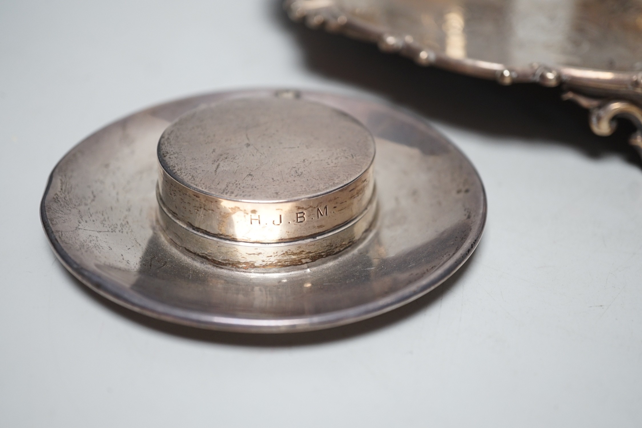 A Victorian silver salver, by The Barnards, London, 1847, 23.1cm, together with a chased silver christening cup, a presentation pin dish, a further novelty dish in the form of a bonnet and a George III silvetr tumbler cu